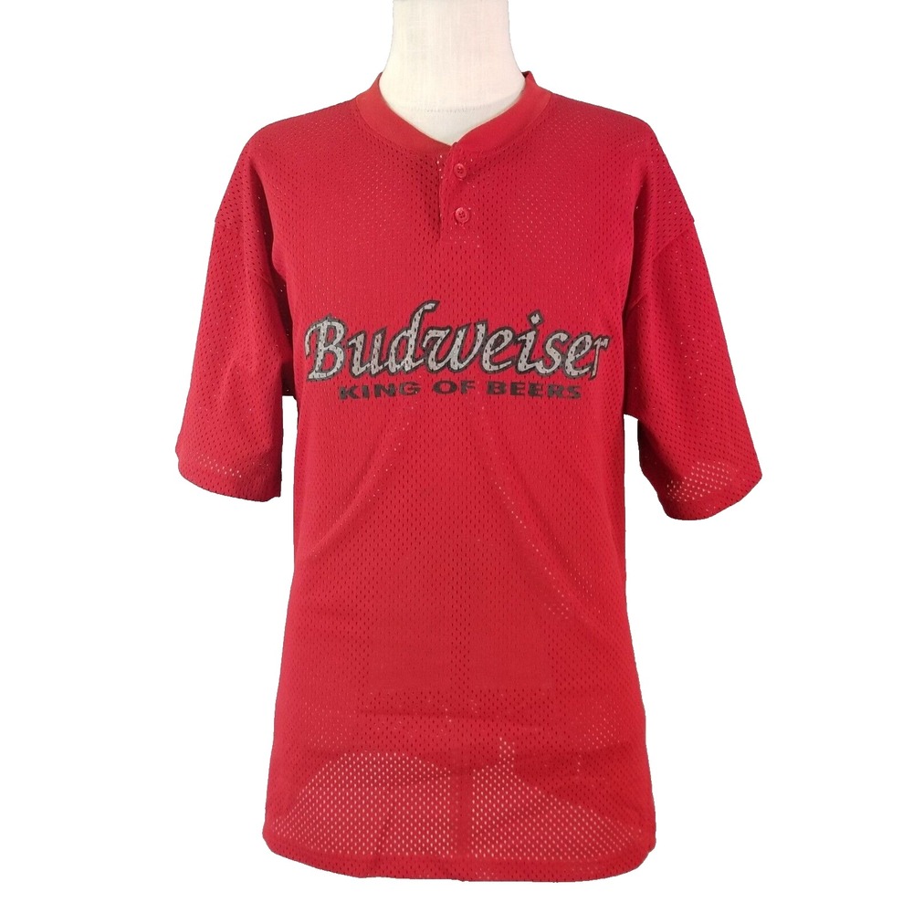 Budweiser Jersey Shirt Men 2XL Red King of Beers Mesh Henley Short Sleeve Logo